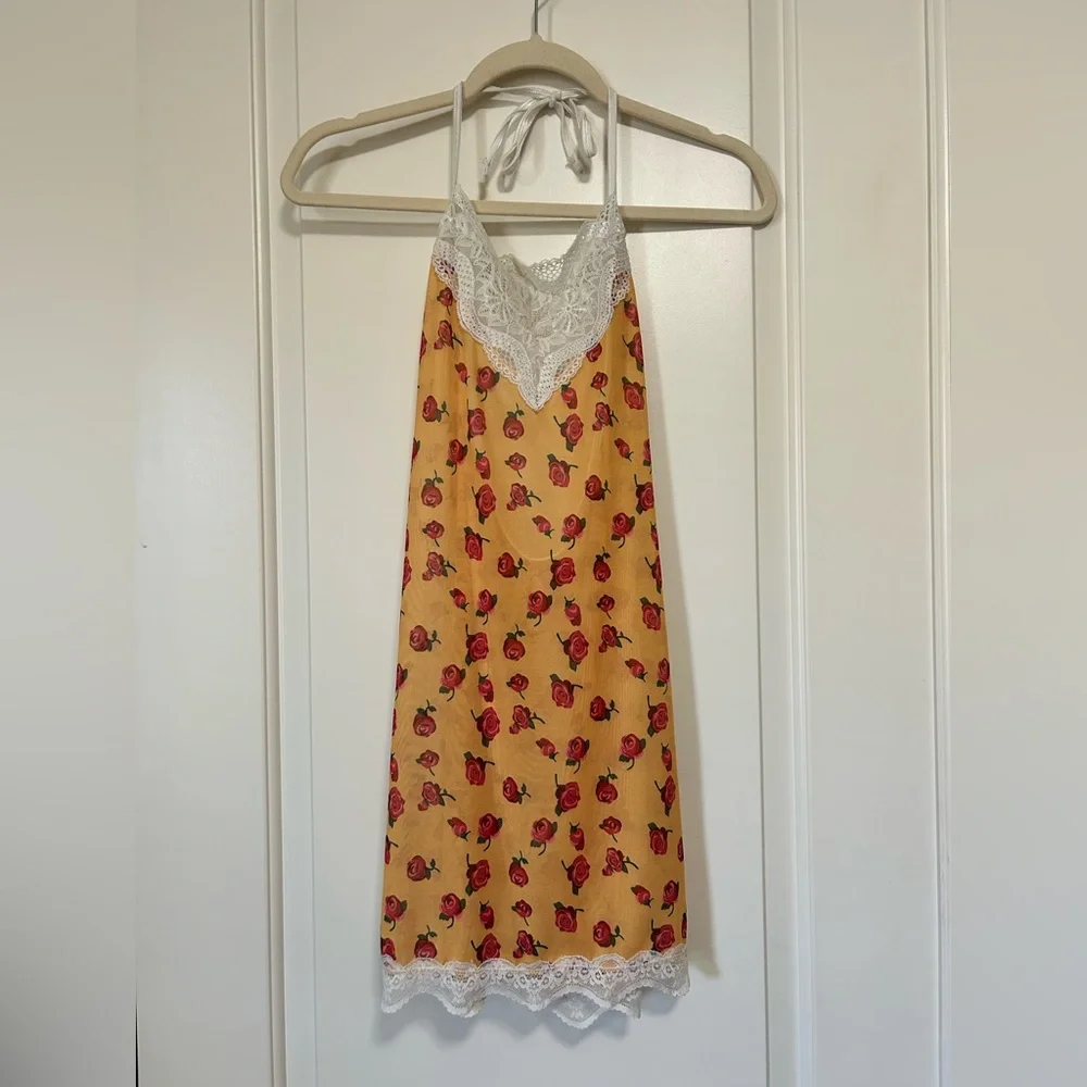 ☀️🌹Summer Yellow & Floral Rose Lace-Trim Slip Halter mini Dress Coverup 🌹☀️